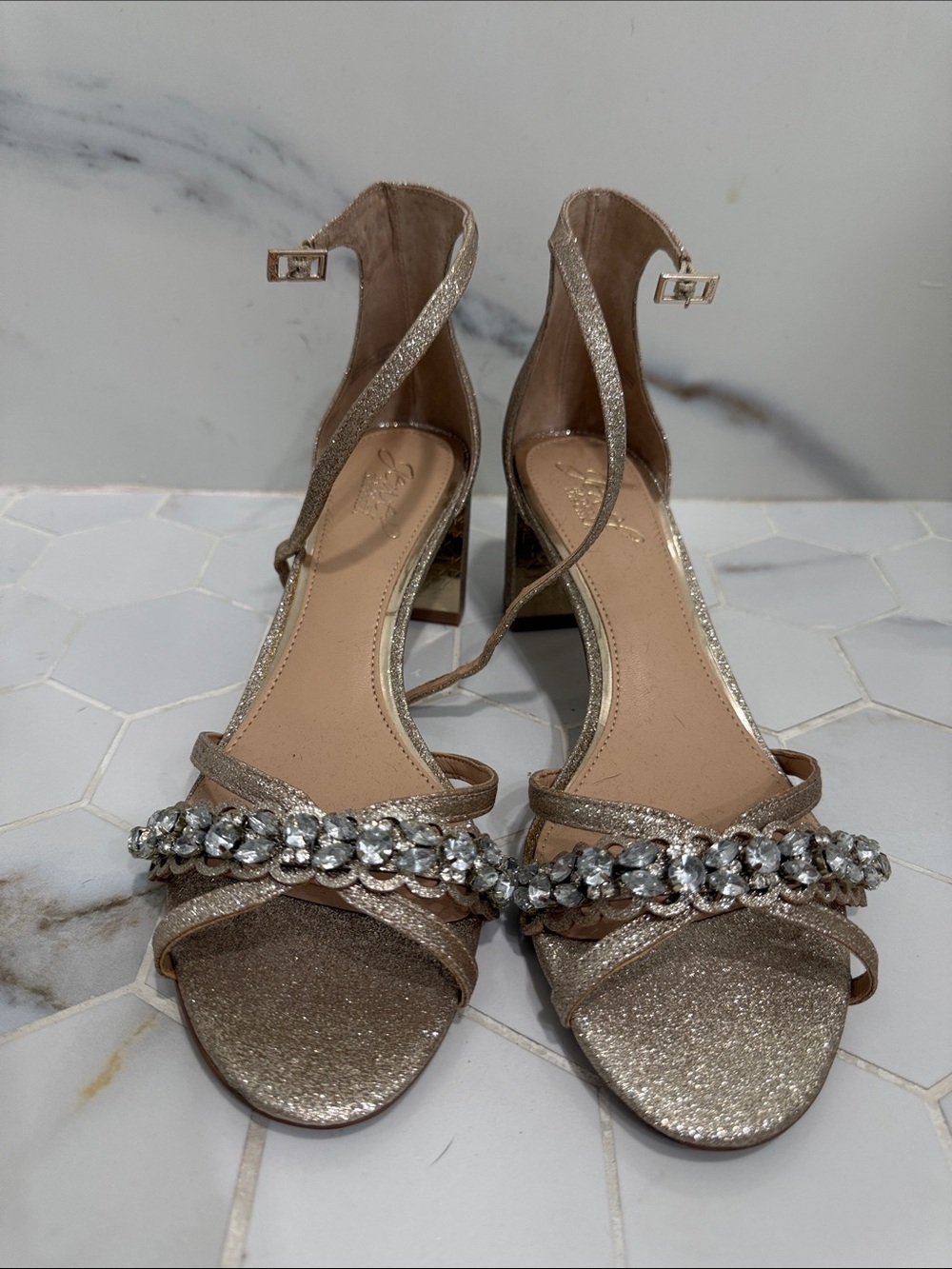 Jewel Badgley Mischka Glitter Crystal Ankle-Strap Heels - Gold